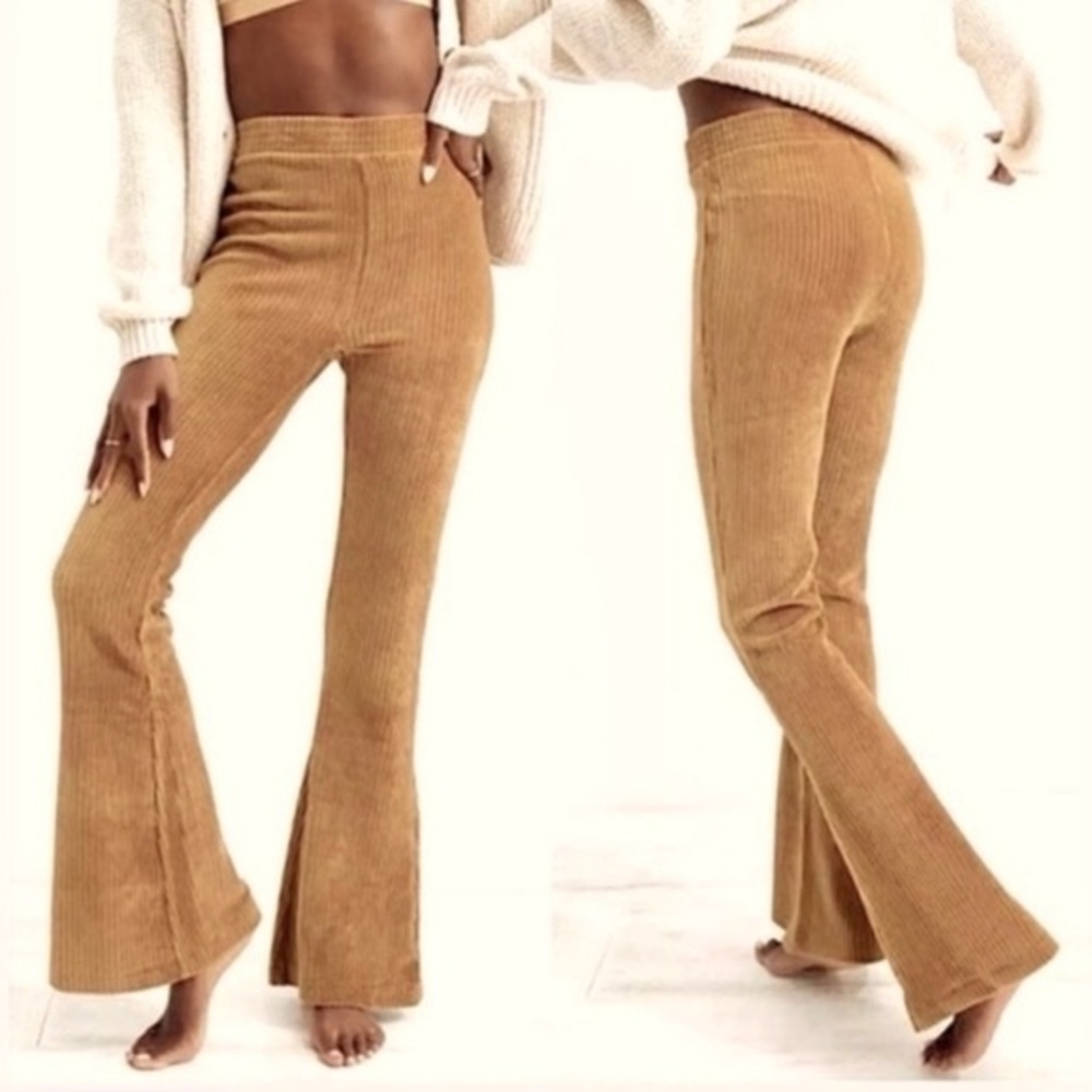 tan Aerie AE high rise groove on velour flare pants